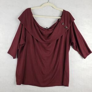 Lane Bryant Womens 22/24 Off Shoulder Cowl Neck Blouse Maroon Ribbed Button Neck